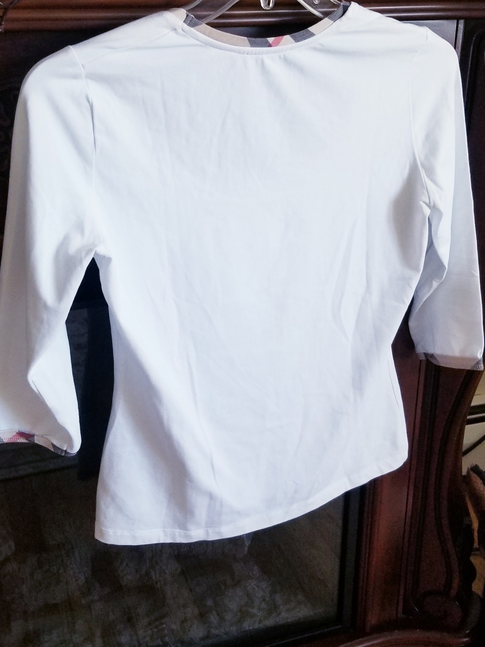 Burberry London White Cotton Top Nova Check Trim 3/4 Sleeve Size M - Picture 4 of 16